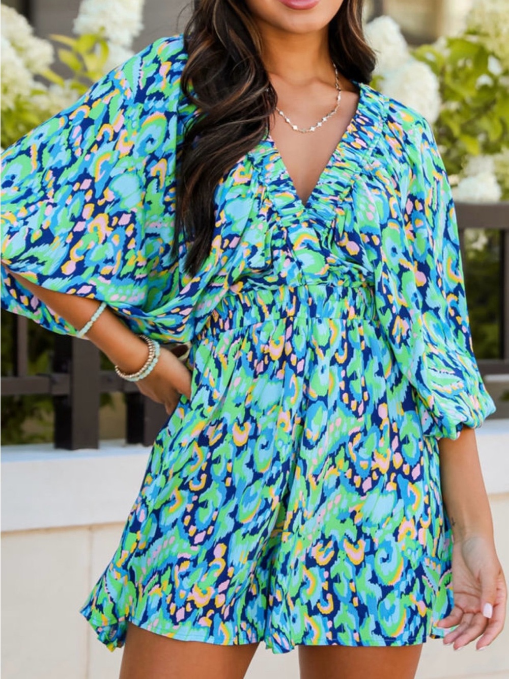 Vibrant Green & Blue Printed Wrap Dress